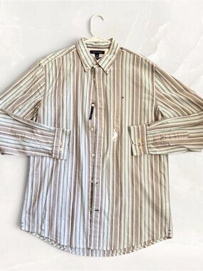 Tommy Hilfiger Mens LG Regular Fit Stretch Button Down Shirt Beige Plaid